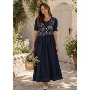 Vintage Sunshine Starshine Maxi Dress Women's XL Navy Floral Cottagecore Prairie